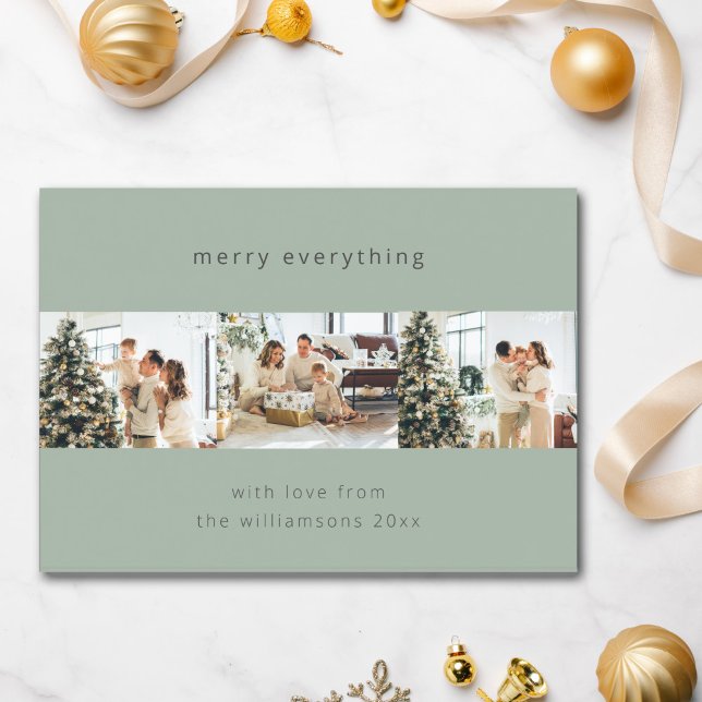 Minimal Merry Everything Four Photo Sage Green Holiday Card (Creator Uploaded)