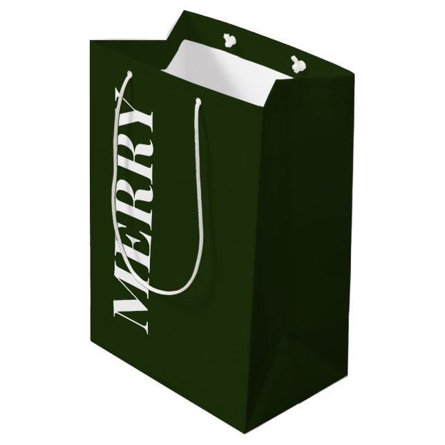 Minimal MERRY | Forest Green Holiday Medium Gift Bag (Back Angled)