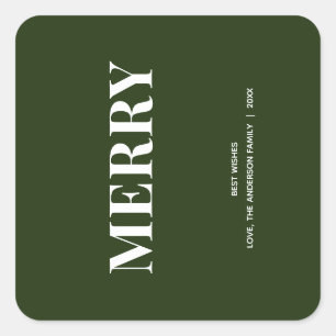 Minimal MERRY Forest Green Holiday Square Sticker
