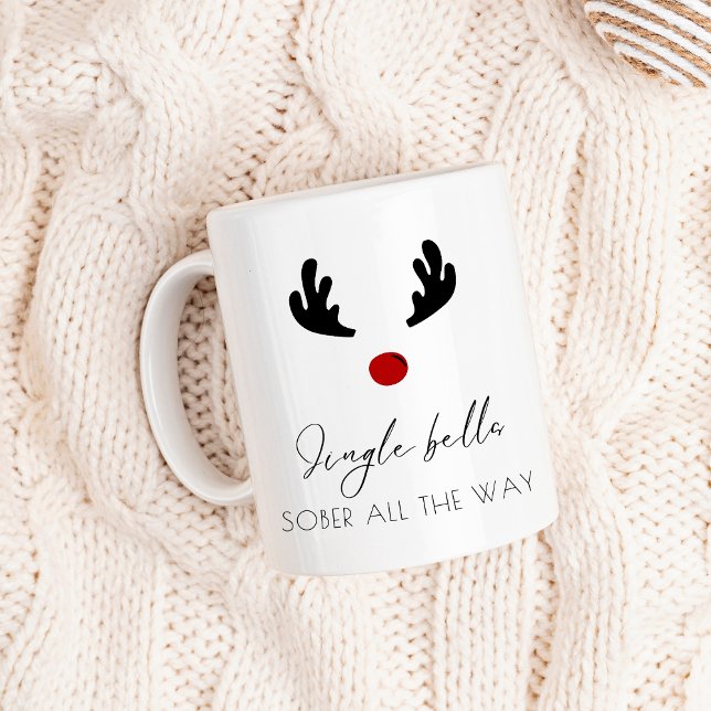 Minimal Merry Sober Christmas, Sober Support Xmas Coffee Mug (Sobriety christmas mug: jingle bells sober all the way)