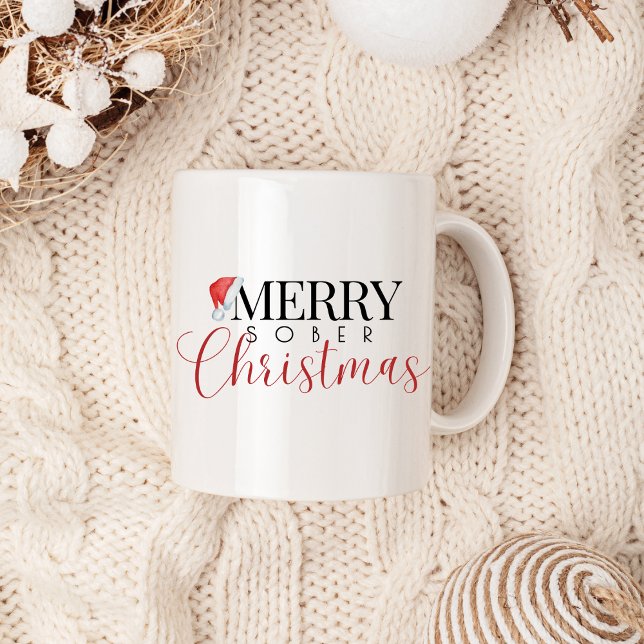 Minimal Merry Sober Christmas, Sober Support Xmas Coffee Mug (sobriety mug with modern trendy font and calligraphy text; merry sober christmas)