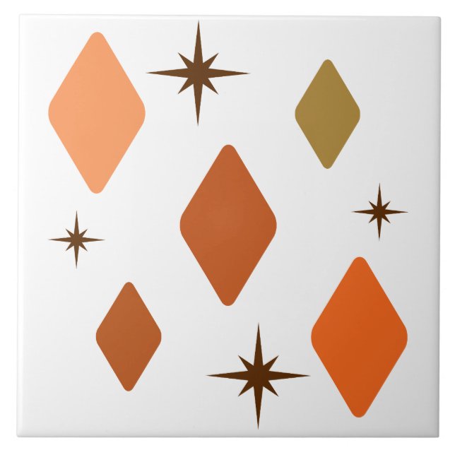 Minimal Mid Mod Diamonds Orange Ceramic Tile (Front)