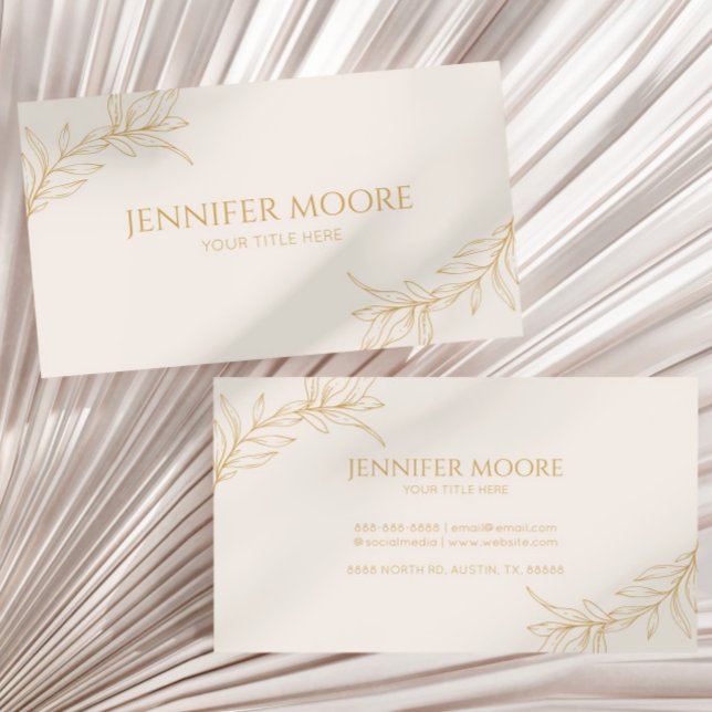 Minimal Minimalist Beige Gold Branch Leaf Business Card (Creator Uploaded)