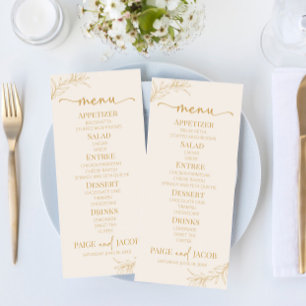 Minimal Minimalist Beige Gold Branch Leaf Wedding Menu