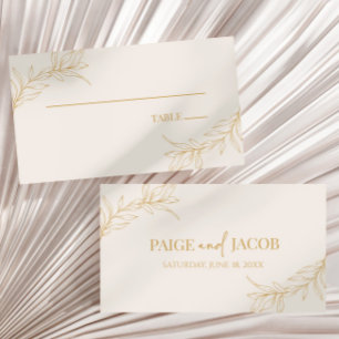 Minimal Minimalist Beige Gold Branch Leaf Wedding Place Card