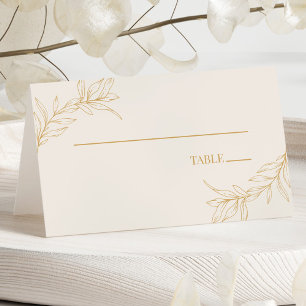Minimal Minimalist Beige Gold Branch Leaf Wedding Place Card