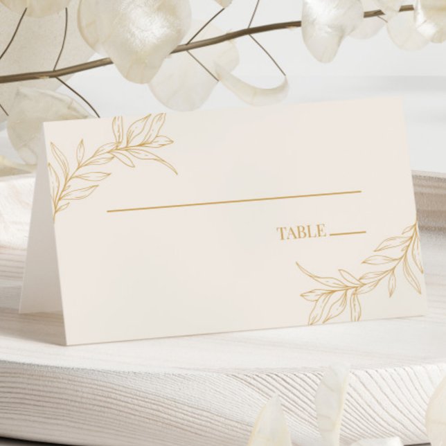 Minimal Minimalist Beige Gold Branch Leaf Wedding Place Card (Creator Uploaded)