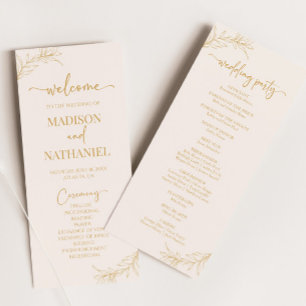 Minimal Minimalist Beige Gold Branch Leaf Wedding Program