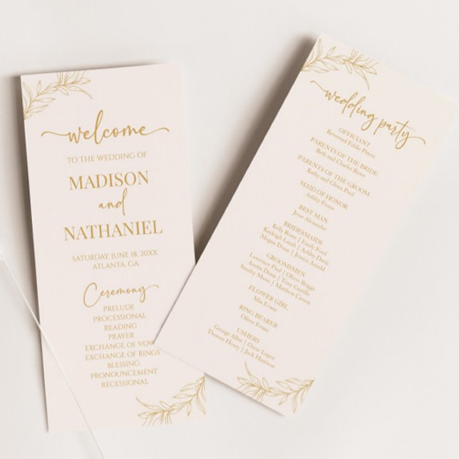 Minimal Minimalist Beige Gold Branch Leaf Wedding Program (Creator Uploaded)