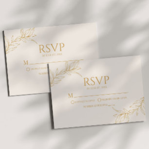 Minimal Minimalist Beige Gold Branch Leaf Wedding RSVP Card