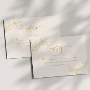 Minimal Minimalist Beige Gold Branch Leaf Wedding RSVP Card