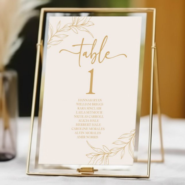 Minimal Minimalist Beige Gold Branch Leaf Wedding Table Number (Creator Uploaded)