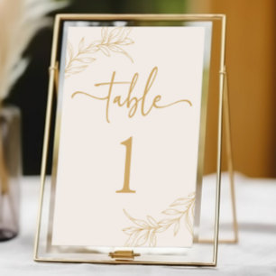Minimal Minimalist Beige Gold Branch Leaf Wedding Table Number