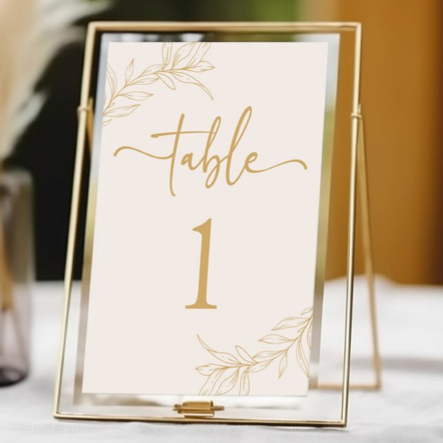 Minimal Minimalist Beige Gold Branch Leaf Wedding Table Number (Creator Uploaded)