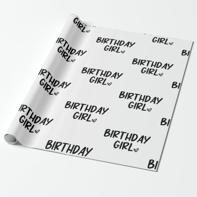 Minimal Minimalist Black White Birthday Girl Wrapping Paper (Unrolled)