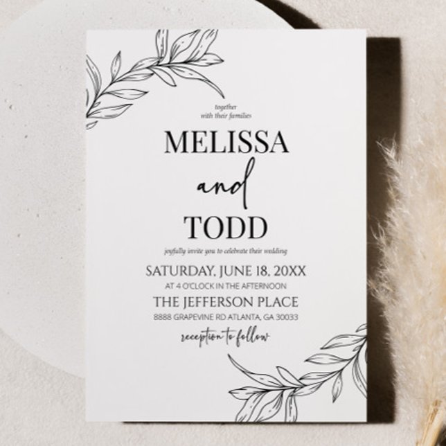 Minimal Minimalist Black White Branch Leaf Wedding Invitation (Creator Uploaded)