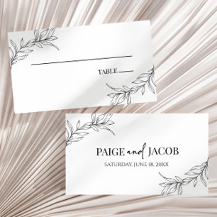 Minimal Minimalist Black White Branch Leaf Wedding Place Card