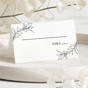 Minimal Minimalist Black White Branch Leaf Wedding Place Card