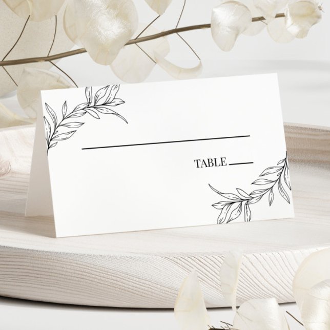 Minimal Minimalist Black White Branch Leaf Wedding Place Card (Creator Uploaded)