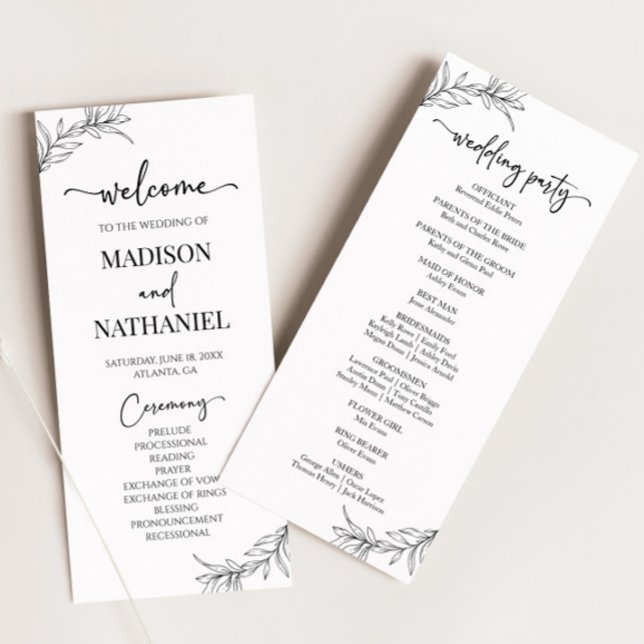 Minimal Minimalist Black White Branch Leaf Wedding Program (Creator Uploaded)