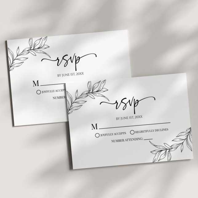 Minimal Minimalist Black White Branch Leaf Wedding RSVP Card (Creator Uploaded)
