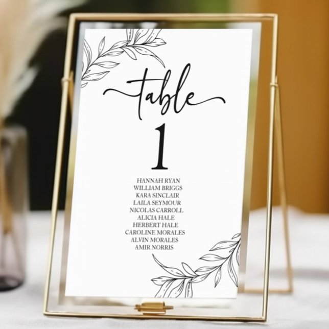 Minimal Minimalist Black White Branch Leaf Wedding Table Number (Creator Uploaded)