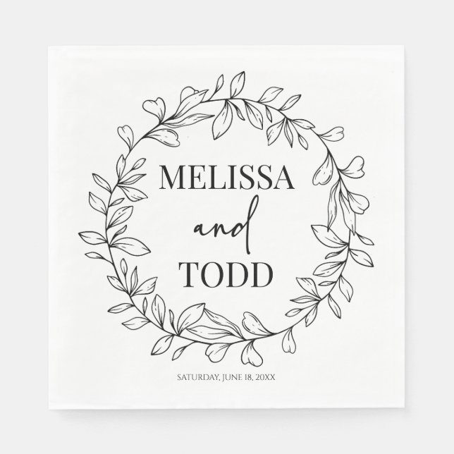 Minimal Minimalist Branch and Leaf Wreath Wedding Napkin (Front)