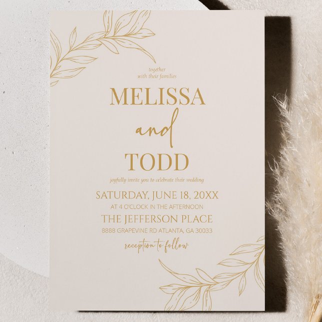 Minimal Minimalist Gold Beige Branch Leaf Wedding Invitation (Creator Uploaded)