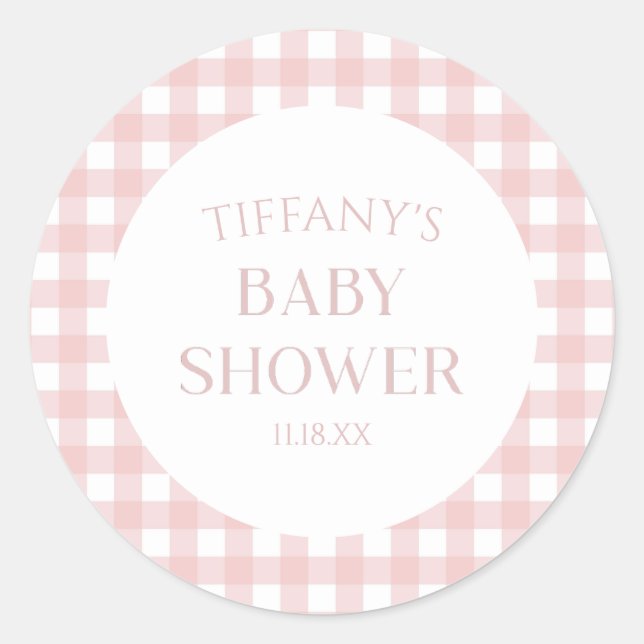 Minimal Minimalist Pink Plaid Baby Shower Classic Round Sticker (Front)