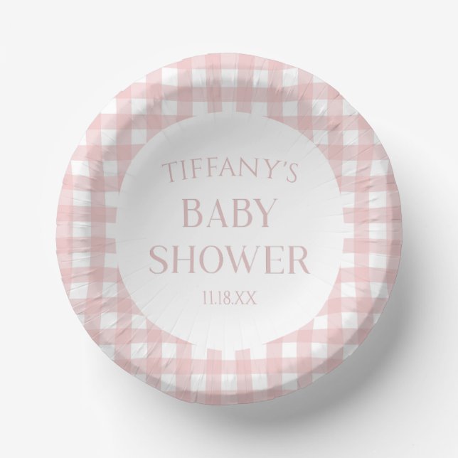 Minimal Minimalist Pink Plaid Baby Shower Paper Plate (Front)