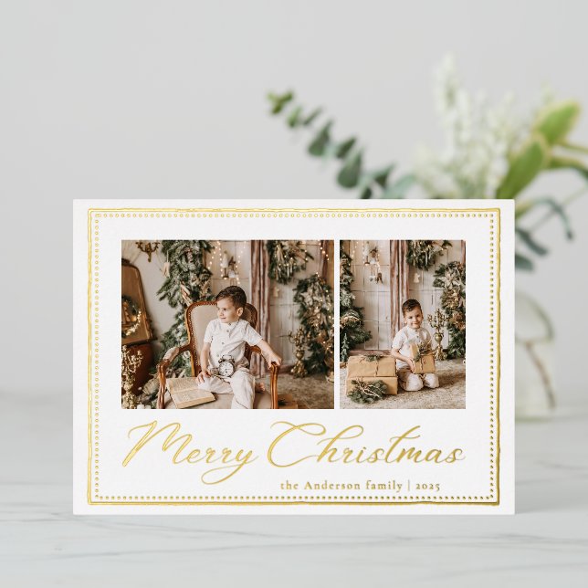Minimal Minimalist Script Merry Christmas Photo Foil Holiday Card (Standing Front)