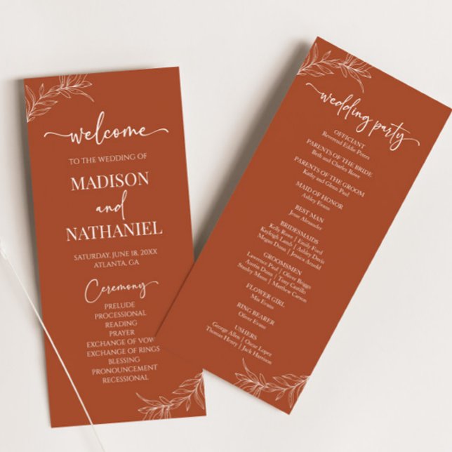 Minimal Minimalist Terracotta Branch Leaf Wedding Program (Creator Uploaded)