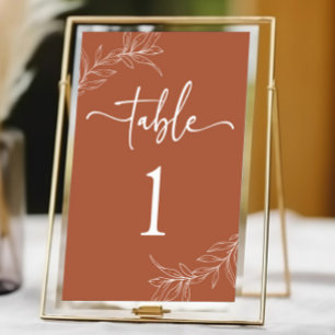 Minimal Minimalist Terracotta Branch Leaf Wedding Table Number