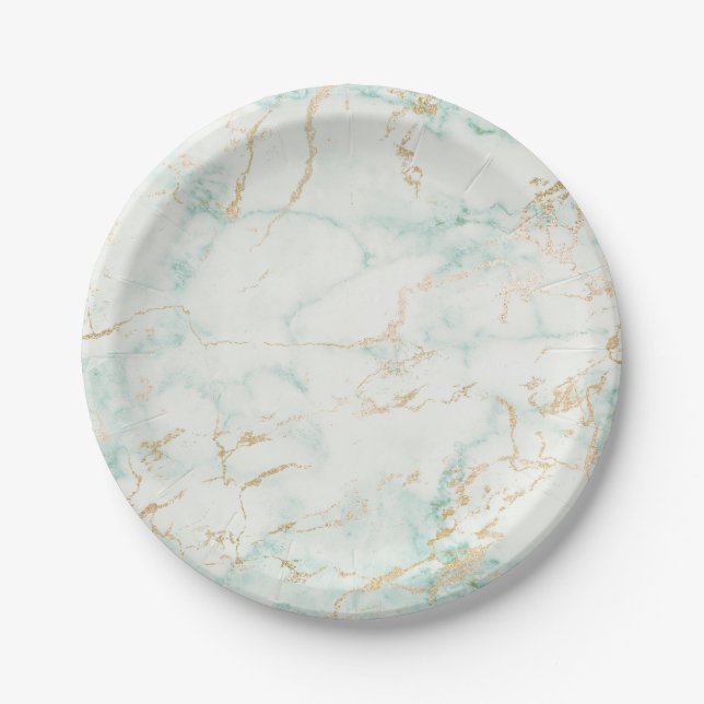 Minimal Mint Green Marble Glam Golden Vip Paper Plate (Front)