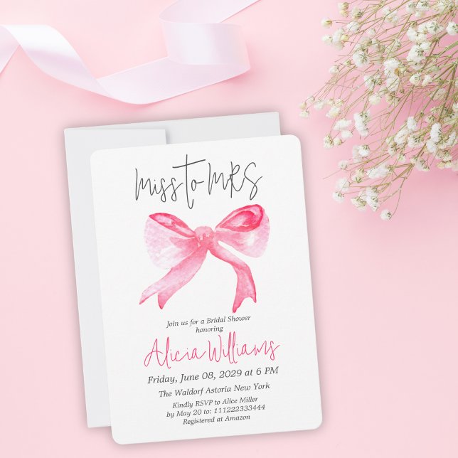 Minimal Miss to MRS Ribbon Pink Bow Bridal Shower Invitation (Creator Uploaded)