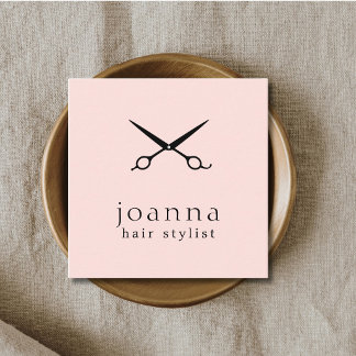 Minimal Misty Rose Black Scissors Hair Stylist  Square Business Card