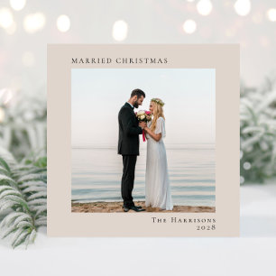 Minimal Modern 2 Photo Married Christmas Taupe Holiday Card