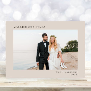 Minimal Modern 2 Photo Taupe Married Christmas Holiday Card