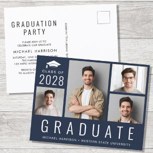 Minimal Modern 4 Photo Blue Graduation Party Invitation Postcard