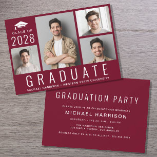 Minimal Modern 4 Photo Burgundy Graduation Party Invitation