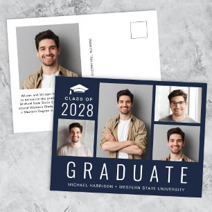 Minimal Modern 5 Photo Collage Blue Graduation Announcement Postcard