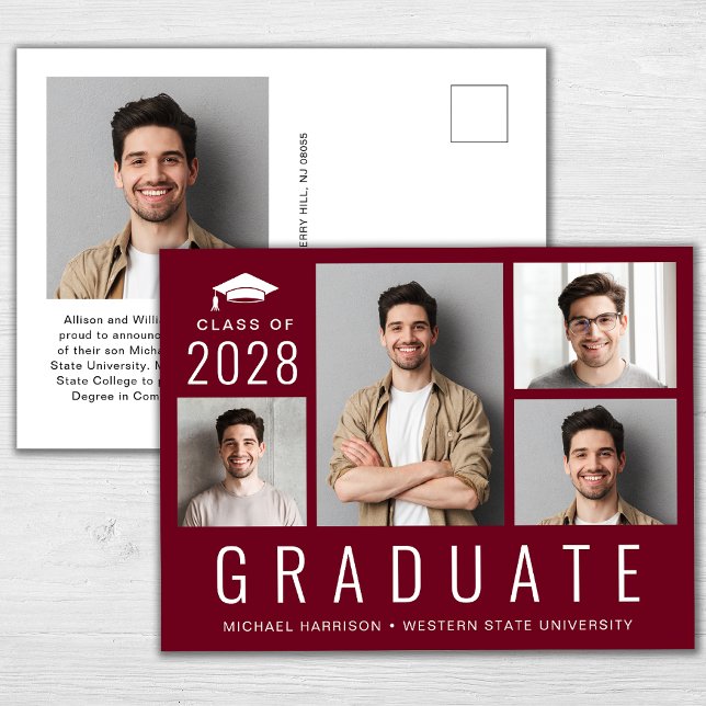 Minimal Modern 5 Photo Collage Burgundy Graduation Announcement Postcard (Creator Uploaded)