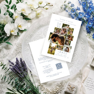 Minimal Modern 9 Photo Wedding Collage Blue TLW2 Card