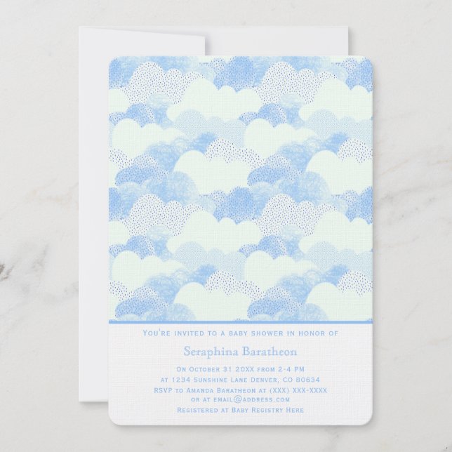 Minimal Modern Abstract Blue Clouds Baby Shower Invitation (Front)