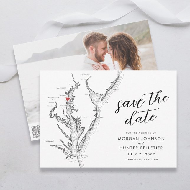 Minimal Modern Annapolis Chesapeake Bay Wedding Save The Date (Modern Annapolis Maryland Save the Date with photo and QR code in minimalist black and white)