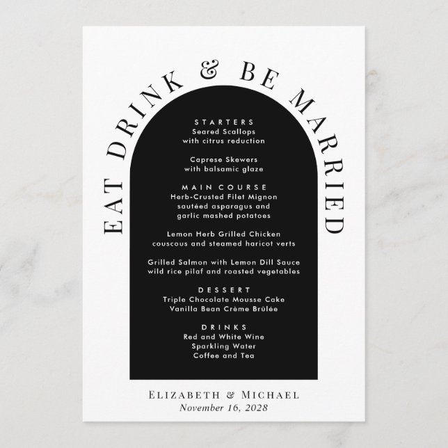 Minimal Modern Arch Black White Wedding Menu (Front)