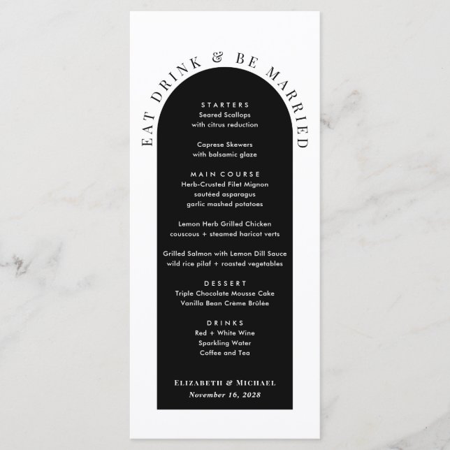 Minimal Modern Arch Black White Wedding Menu (Front)