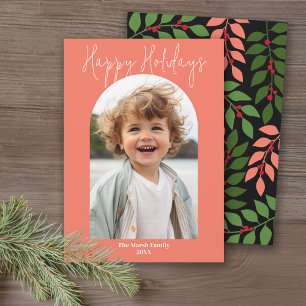 Minimal modern arch photo - botanical coral black holiday card
