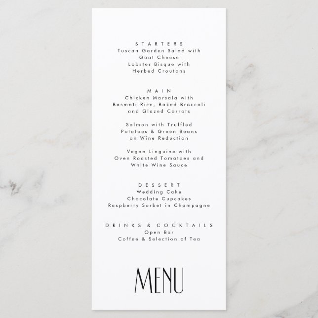 Minimal Modern Art Deco Typography Wedding Menu (Front)