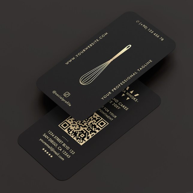Minimal Modern Baker Caterer Black Faux Gold Whisk Business Card (Minimal Modern Baker Caterer Black Gold Whisk Business Card
)